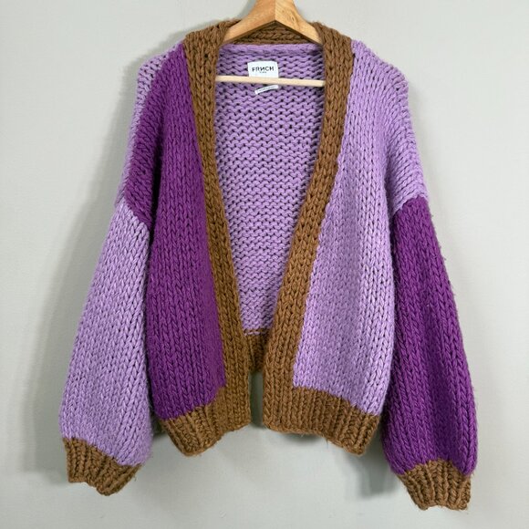 FRNCH Lorene Violet Camel Cardigan Sweater Women's Medium Chunky Knit Open Front - Picture 6 of 15